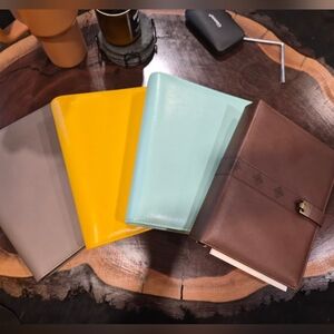 Brown Leather Wallet with Yellow and Mint Accessories